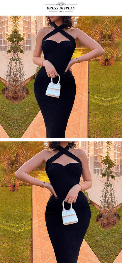 New Black Halter Dress Tube Top Elegant Cocktail Party Ladies Catwalk Evening Dress Women's Clothing