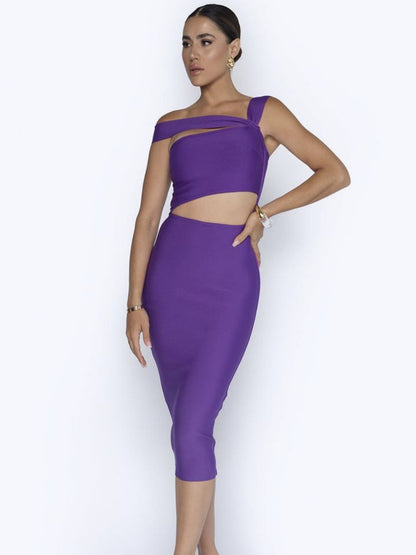 Sexy Oblique Shoulder Midriff Outfit Knee-length Skirt Cocktail Party Dress