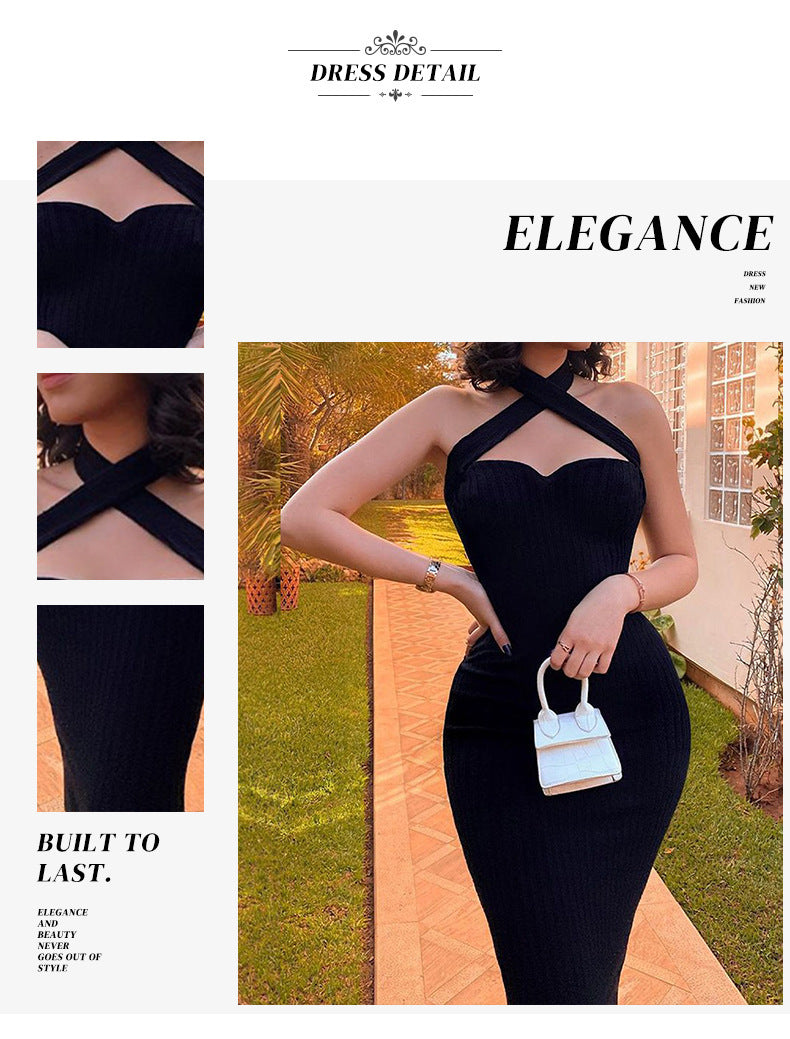 New Black Halter Dress Tube Top Elegant Cocktail Party Ladies Catwalk Evening Dress Women's Clothing