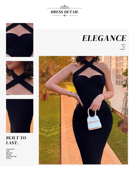 New Black Halter Dress Tube Top Elegant Cocktail Party Ladies Catwalk Evening Dress Women's Clothing