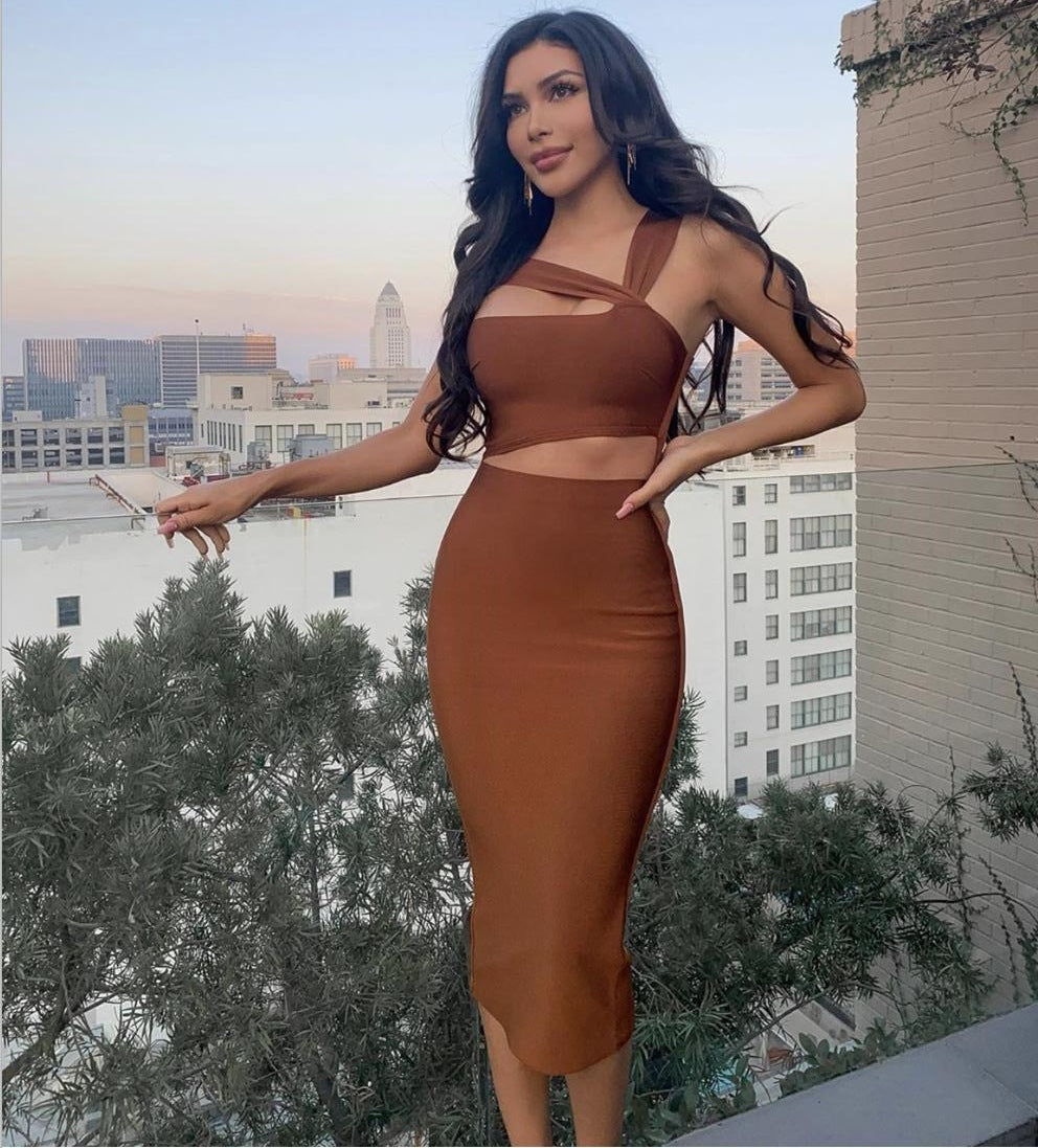 Sexy Oblique Shoulder Midriff Outfit Knee-length Skirt Cocktail Party Dress